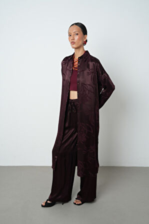 Kadın Bordo Renk Yaprak Desenli Uzun Tunik Tesettür Gömlek - Elbise