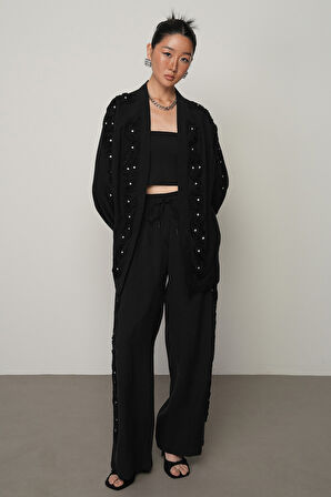 Kadın Şerit Gül Ve Taş Detaylı Düz Renk Beli Lastikli Bol Paça Pantolon