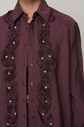 Kadın Gül Ve Taş Şerit İşlemeli Düz Gömlek