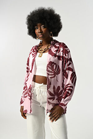 KADIN YAPRAK DESENLİ OVERSİZE KESİM GÖMLEK