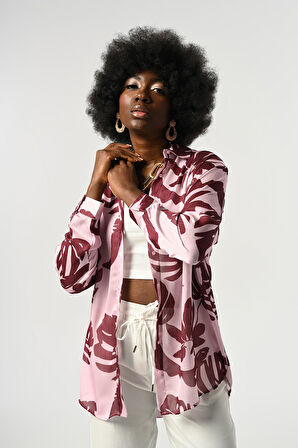 KADIN YAPRAK DESENLİ OVERSİZE KESİM GÖMLEK