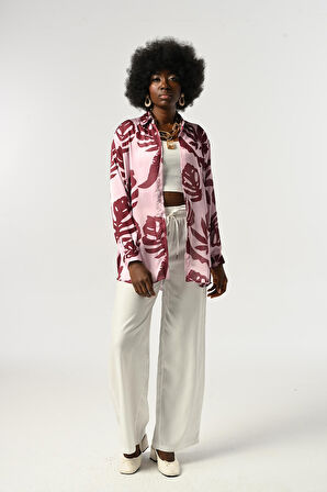 KADIN YAPRAK DESENLİ OVERSİZE KESİM GÖMLEK