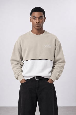 Erkek Not Basic Project Nakışlı Oversize Sweatshirt Bej
