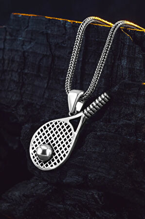 925 Ayar Gümüş Tenis Raketi Kolye Tenis Topu Detaylı Spor Temalı Erkek Kolye