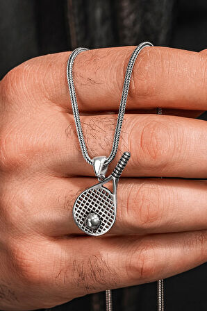 925 Ayar Gümüş Tenis Raketi Kolye Tenis Topu Detaylı Spor Temalı Erkek Kolye