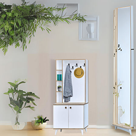 İnci Portmanto Askılıklı Beyaz Raflı Çok Bölmeli 2 Kapaklı Yüksek Ayaklı Portmanto 80x37x195 Cm