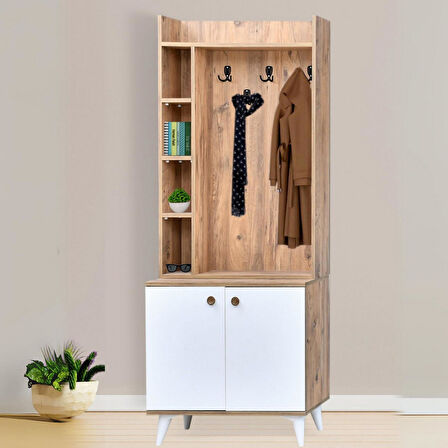 İnci Portmanto Askılıklı Atlantik Çam Beyaz Renkli Raflı Bölmeli 2 Kapaklı Portmanto 80x37x195 Cm