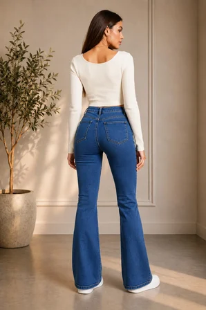 Kadın Lacivert Jeans Solmayan Yüksel Bel Likralı Toparlayıcı İspanyol Kot Pantolon