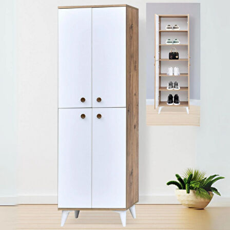 İnci Portmanto Dolabı Atlantik Çam Beyaz 4 Kapaklı Raflı Çok Amaçlı Ayakkabılık 60x37x195 Cm