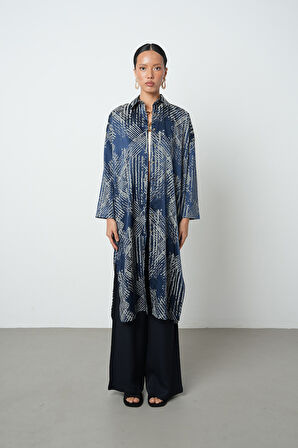 Kadın Lacivert Renk Desenli Uzun Tunik Tesettür Gömlek - Elbise