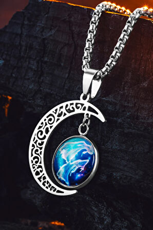 Lunara Steel Ay Figürlü Kozmik Taşlı Erkek Kolye Polo Zincir Kararmaz Çelik