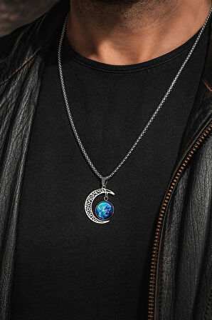 Lunara Steel Ay Figürlü Kozmik Taşlı Erkek Kolye Polo Zincir Kararmaz Çelik