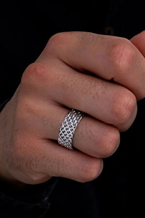 Erkek Gümüş Yüzük - 925 Ayar Hasır Örgülü Gümüş Alyans Yüzük