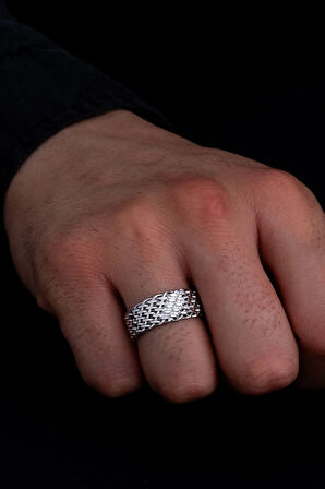 Erkek Gümüş Yüzük - 925 Ayar Hasır Örgülü Gümüş Alyans Yüzük