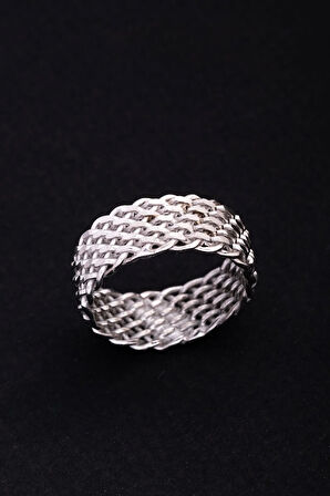 Erkek Gümüş Yüzük - 925 Ayar Hasır Örgülü Gümüş Alyans Yüzük