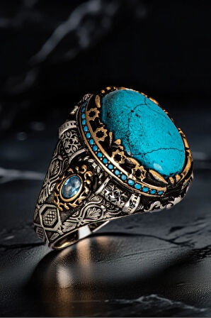 Erkek Oval Firuze Turkuaz Taşı Yanı Mavi Zirkon Taşı Şık Tasarım 925 Ayar Gümüş Yüzük