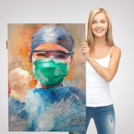 Covid 19 Dövüşen Soyut Hemşire Portresi, Tıbbi Soyut Kanvas Tablo-5246