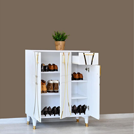 Ada Ayakkabılık Beyaz Gold Şeritli 3 Kapaklı 1 Çekmeceli 90x32x105 Cm