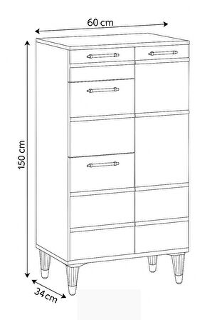 Roma Atlantik Çam Ayakkabılık Gold Detaylı 1 Kapaklı 1 Çekmeceli 2 Düşen Kapak 60x34x150 Cm