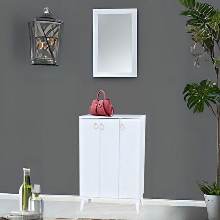 Sinbo Ayakkabılık Beyaz 3 Kapaklı Raflı Yüksek Ayaklı Ayakkabı Dolabı 90x34x105 Cm