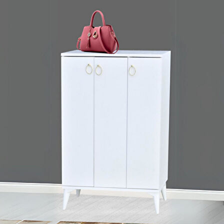 Sinbo Ayakkabılık Beyaz 3 Kapaklı Raflı Yüksek Ayaklı Ayakkabı Dolabı 90x34x105 Cm