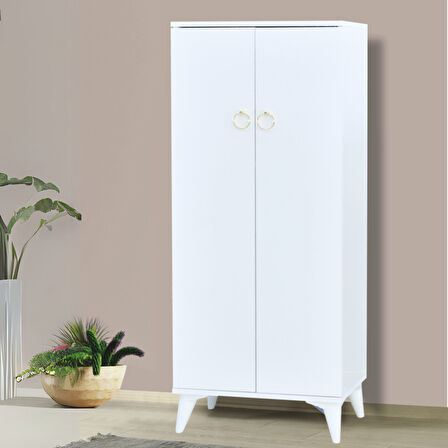 Oya Beyaz Ayakkabılık 2 Kapaklı Raflı Altın Kulplu 60x32x150 Cm