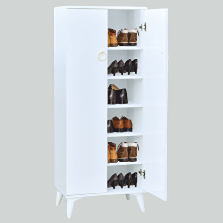 Oya Beyaz Ayakkabılık 2 Kapaklı Raflı Altın Kulplu 60x32x150 Cm