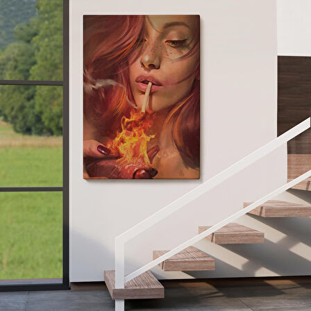 Platonik Aşkın Tavrı Sigarasını Yanan Bir Kalpten Yakan Kadın Kanvas Tablo-5247