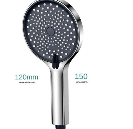 Geniş Kafalı Siyah Büyük Kaliteli Tazyikli Sağlam 5 Fonksiyonlu Siyah Krom Gövde Duş Başlığı