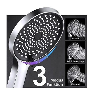 Geniş Kafalı Siyah Büyük Kaliteli Tazyikli Sağlam 5 Fonksiyonlu Siyah Krom Gövde Duş Başlığı