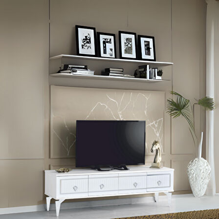 Vina Tv Sehpası Beyaz Gümüş Şeritli Kapaklı Modern Tasarım 150 Ekran Üzeri Uyumlu 160x36x50 Cm