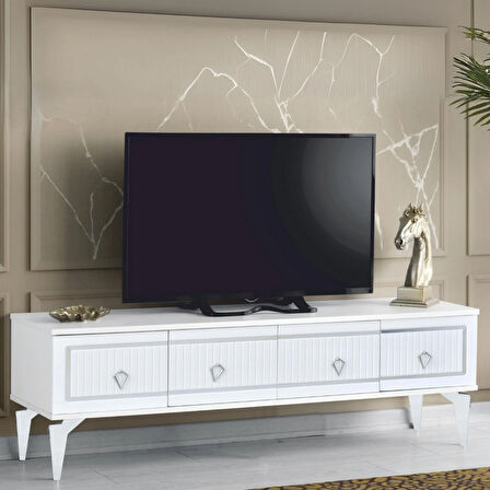 Vina Tv Sehpası Beyaz Gümüş Şeritli Kapaklı Modern Tasarım 150 Ekran Üzeri Uyumlu 160x36x50 Cm