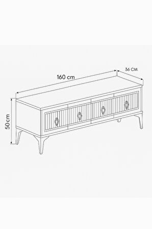Vina Tv Sehpası Beyaz Gümüş Şeritli Kapaklı Modern Tasarım 150 Ekran Üzeri Uyumlu 160x36x50 Cm