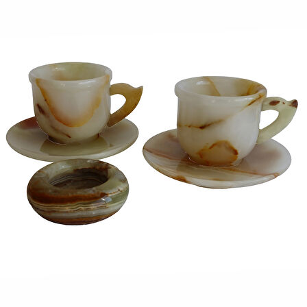 Oniks Doğal Taş 2’li Fincan ve 3 İnç Kül Tablası Seti – El Yapımı Şık Dekoratif Hediyelik, Doğal Taş Enerjisiyle