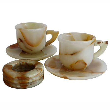 Oniks Doğal Taş 2’li Fincan ve 3 İnç Kül Tablası Seti – El Yapımı Şık Dekoratif Hediyelik, Doğal Taş Enerjisiyle