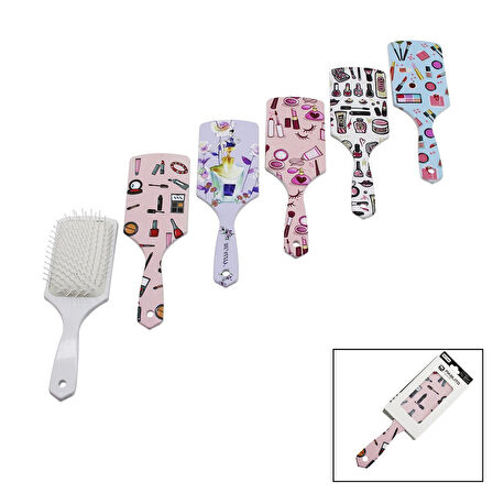 SAÇ FIRÇASI - TARAK  PLASTİK RENKLİ DESENLİ SAP - BEYAZ FIRÇA KILLARI (5250)