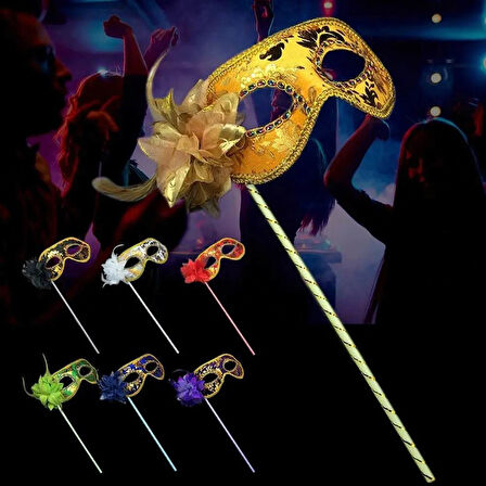 Lüks Taşlı Saplı Maskeli Balo Maskesi Kırmızı Renk 35 cm (5250)