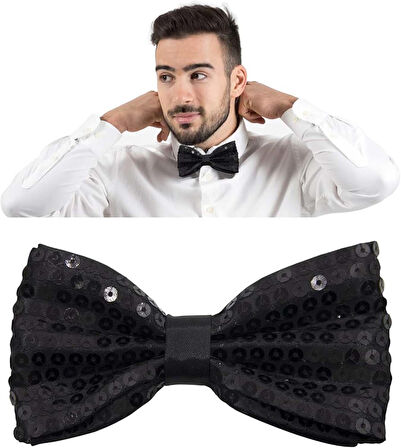 Gece Işıltısı Siyah Payetli Pullu Papyon 7x2 cm (5250)