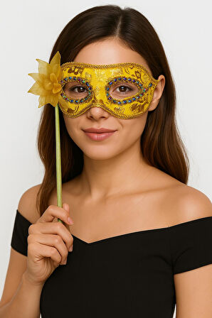 Lüks Taşlı Saplı Maskeli Balo Maskesi Altın Renk 35 cm (5250)