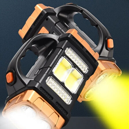 Solar ve USB Şarjlı LED + COB El Feneri | 1500 mAh Şarjlı Taşınabilir Çalışma Işığı–Su Geçirmez (5250)