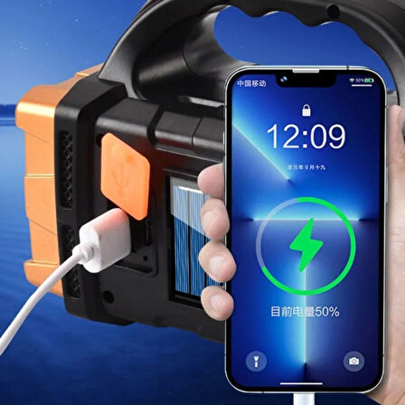 Solar ve USB Şarjlı LED + COB El Feneri | 1500 mAh Şarjlı Taşınabilir Çalışma Işığı–Su Geçirmez (5250)