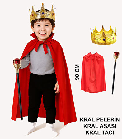 Çocuk Kral Kostüm Seti – Kırmızı Pelerin, Taç ve Asa (90 cm) (5250)