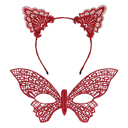 Gösterişli Kırmızı Dantel Maske ve Taç Seti 7 No – Masquerade ve Davetler için (5250)