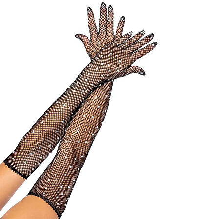 Siyah Renk İncili Elmas İşlemeli File Örgü Uzun Eldiven 45 cm (5250)