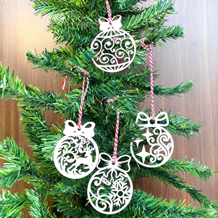 10 Parça Kırmızı Beyaz İpli Fiyonk Model Ahşap Yılbaşı Ağaç Süsü (5250)