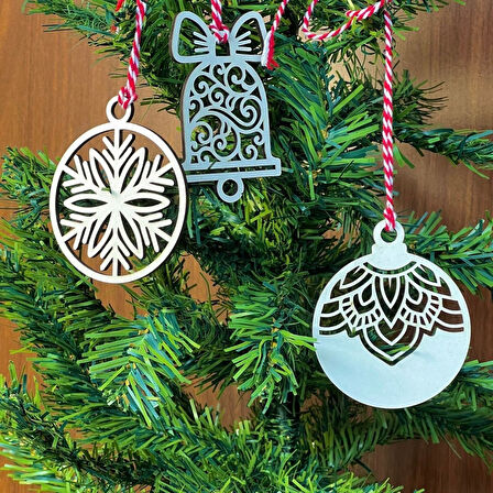 10 Parça Kırmızı Beyaz İpli Karışık Model Ahşap Yılbaşı Ağaç Süsü (5250)