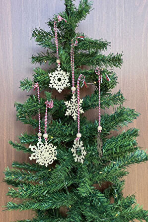 Pilli Peri Ledli 6 Parça Kırmızı Beyaz İpli Kar Tanesi Model Ahşap Yılbaşı Ağaç Süsü (5250)