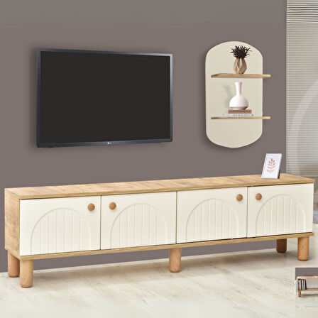 Lidya Duvar Ünitesi Atlantik Çam Krem Renkli 180 cm TV Sehpası + Dekoratif Raf Takımı