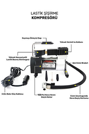 Araba Oto Araç Lastik Şişirme Pompası Metal Motorlu Kompresör 150 Psi Çakmaklık Girişli Kompresör