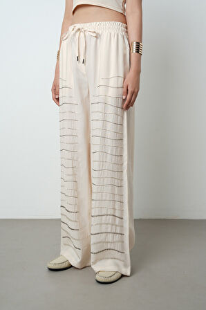 Kadın Yatay Şerit Taş İşlemeli Düz Renk Beli Lastikli Bol Paça Pantolon